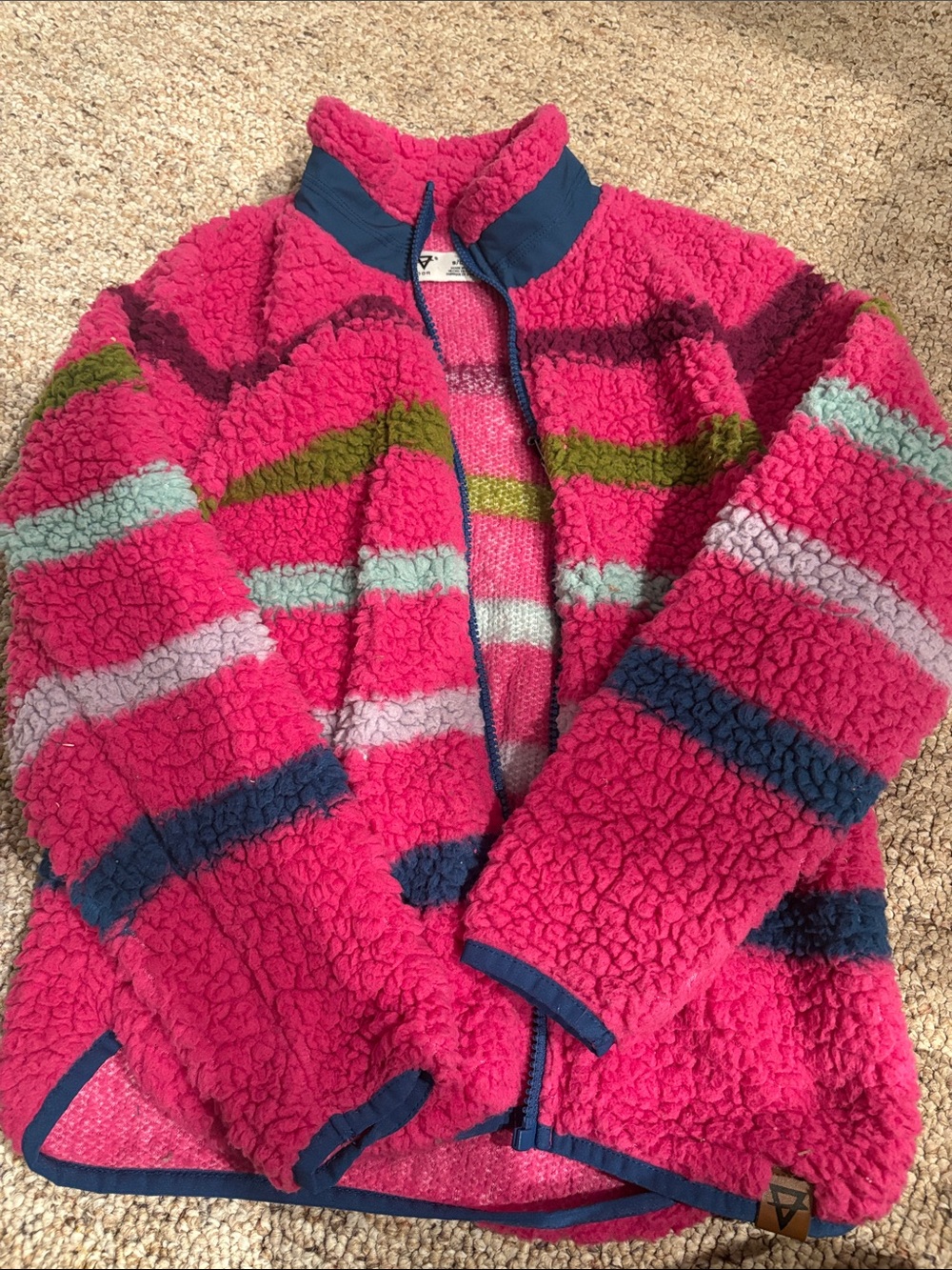 Girls' Pink Sherpa Jacket with Colorful Stripe Accents